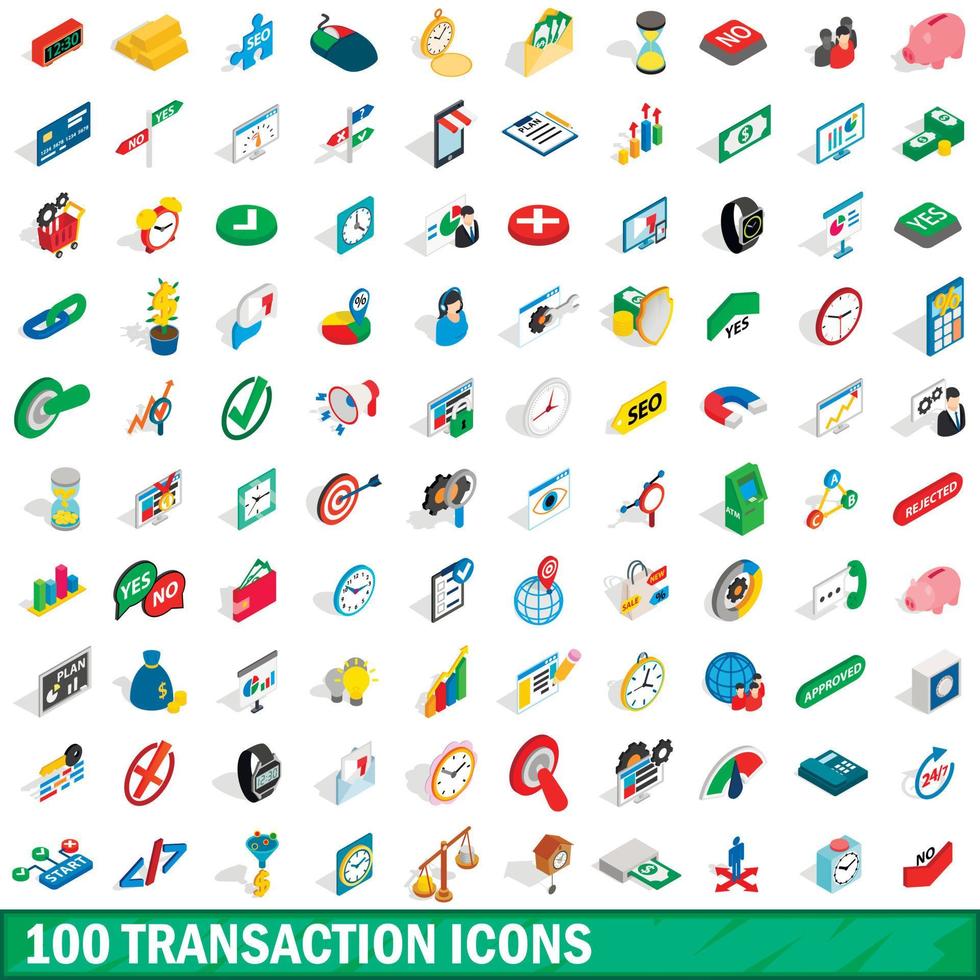 100 transaction icons set, isometric 3d style vector