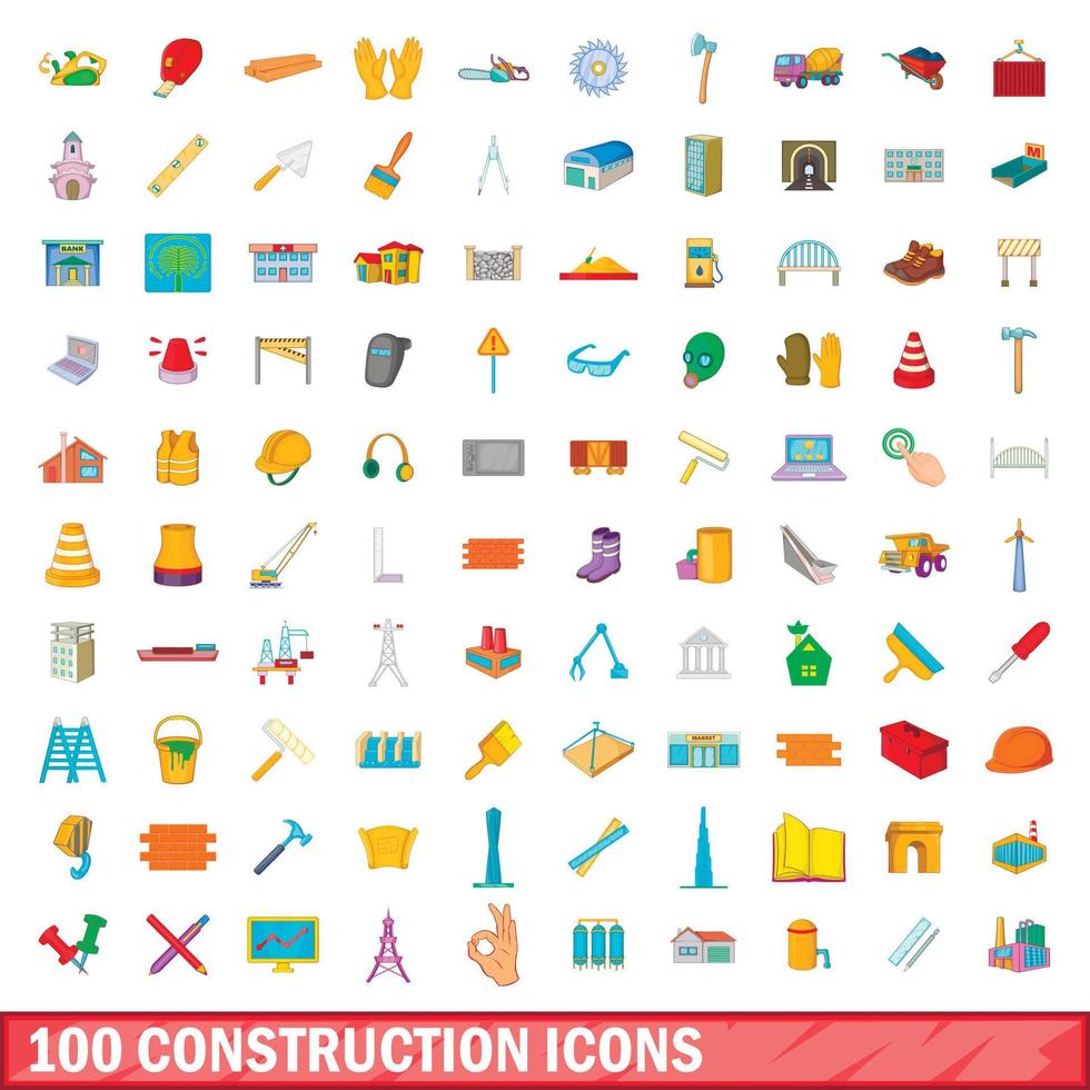 100 construction icons set, cartoon style vector