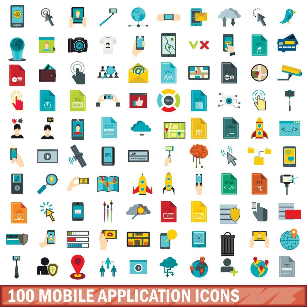 100 iconos de aplicaciones móviles, estilo plano vector