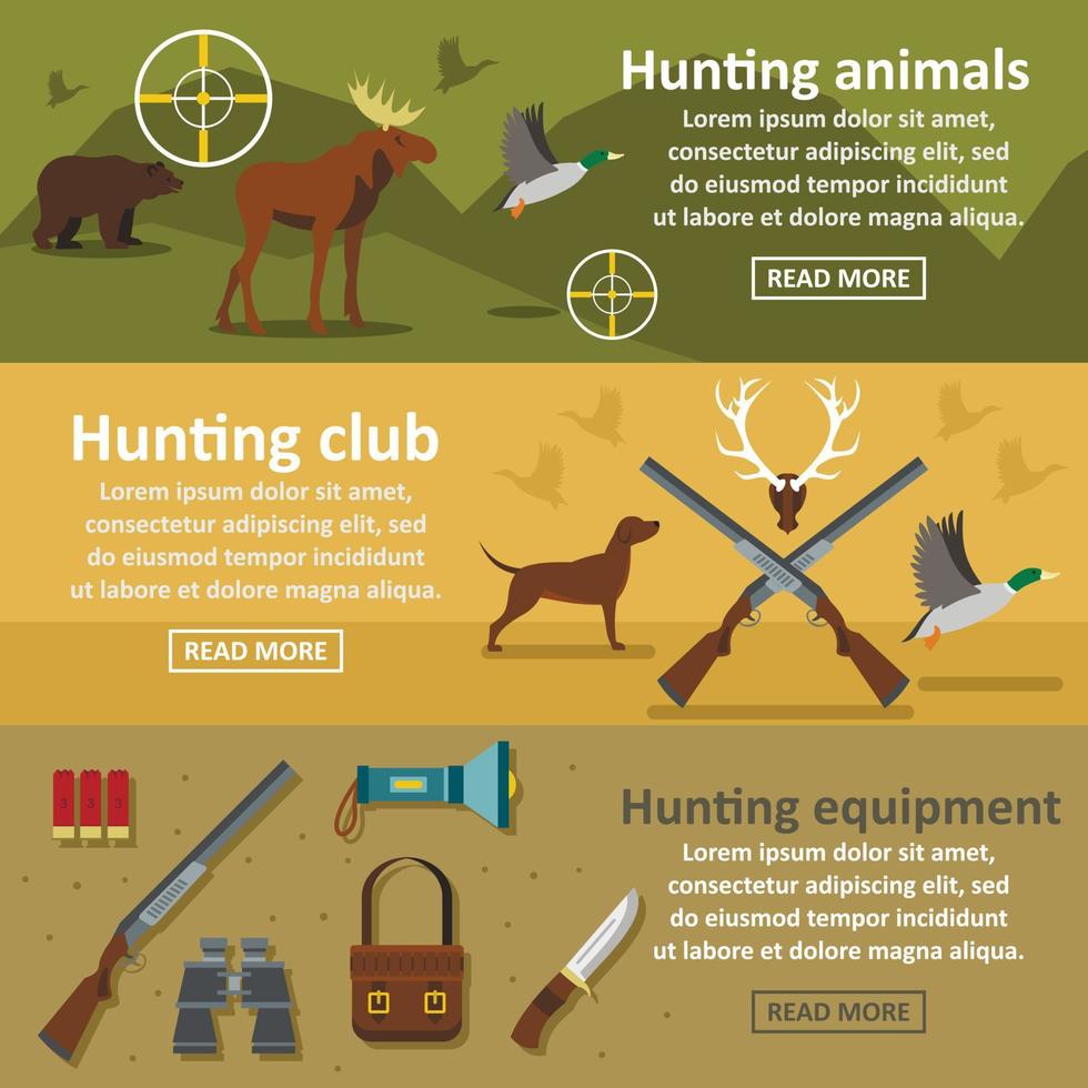 Hunting banner horizontal set, flat style vector