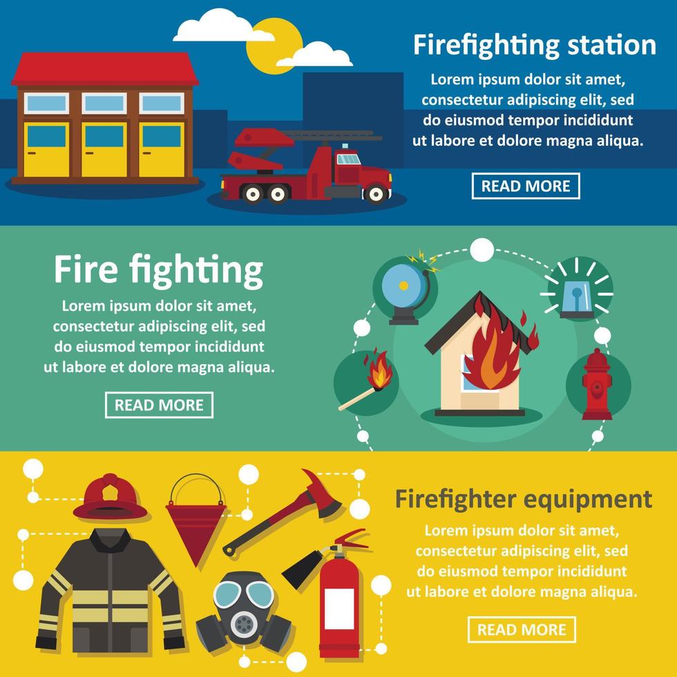 Firefighting banner horizontal set, flat style vector