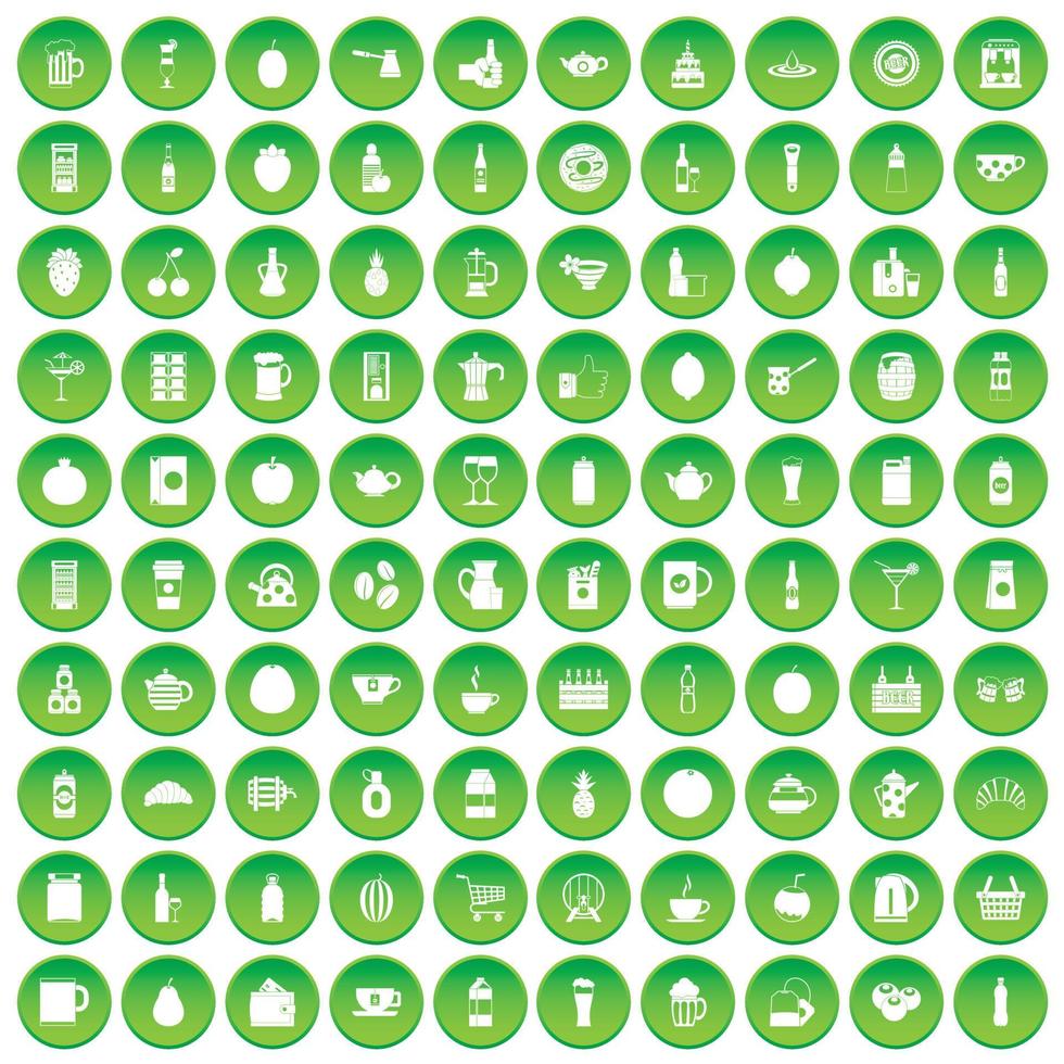 100 beverage icons set green circle vector