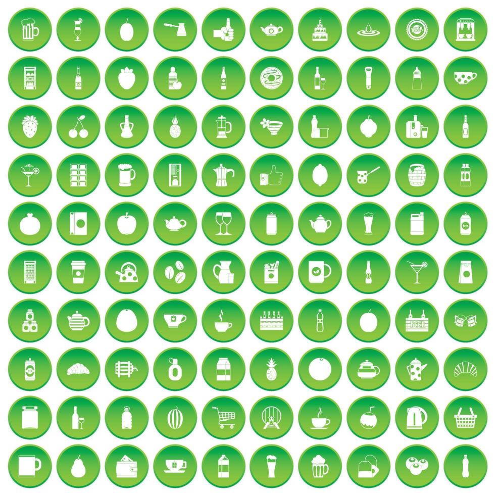 100 iconos de bebidas establecer círculo verde vector