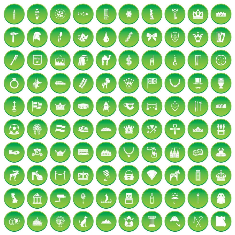 100 crown icons set green circle vector