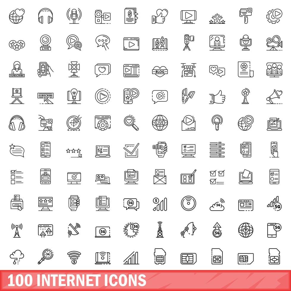 100 internet icons set, outline style vector
