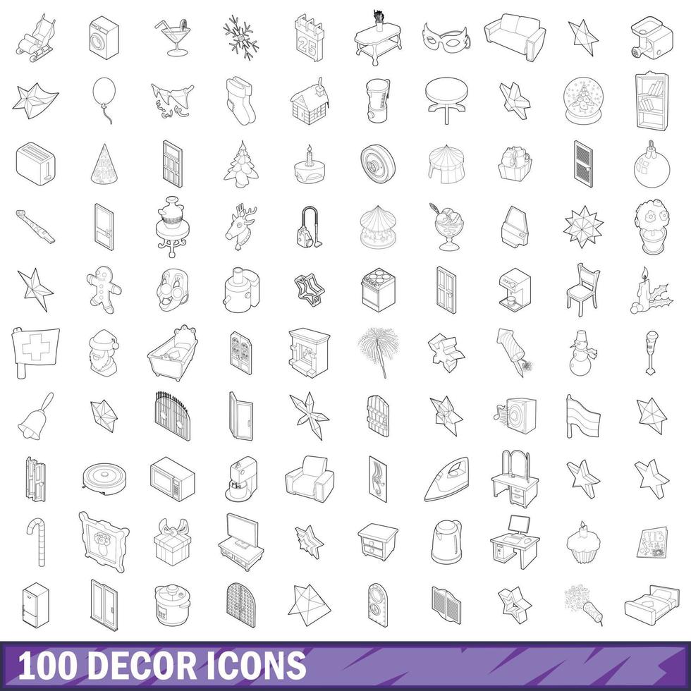 100 iconos de decoración, estilo de esquema vector