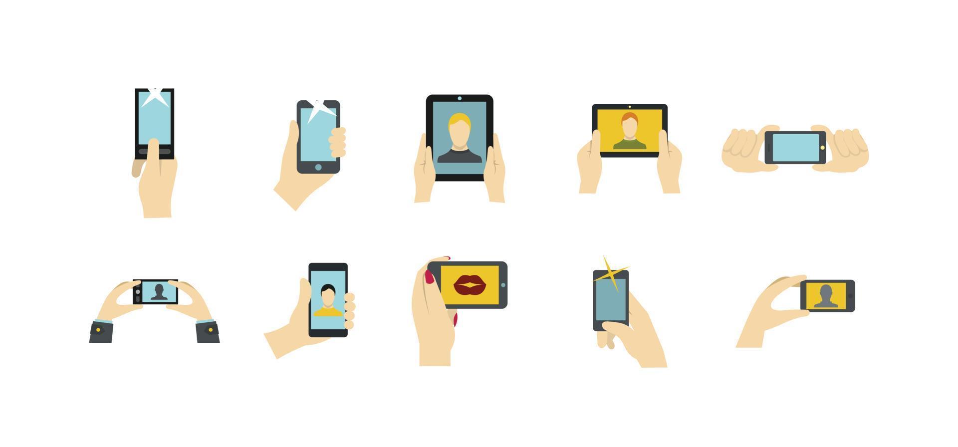 Smartphone in hand icon set, flat style vector