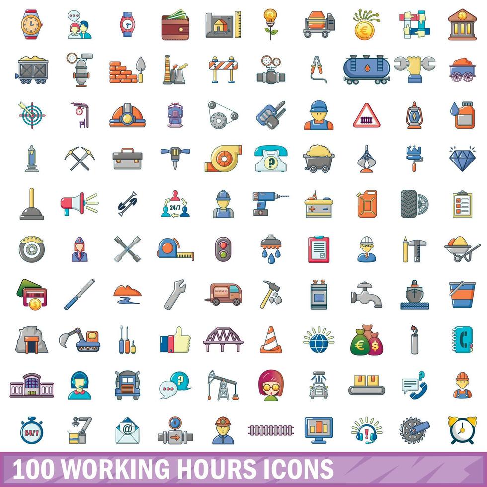 100 horas de trabajo, conjunto de iconos de estilo de dibujos animados vector