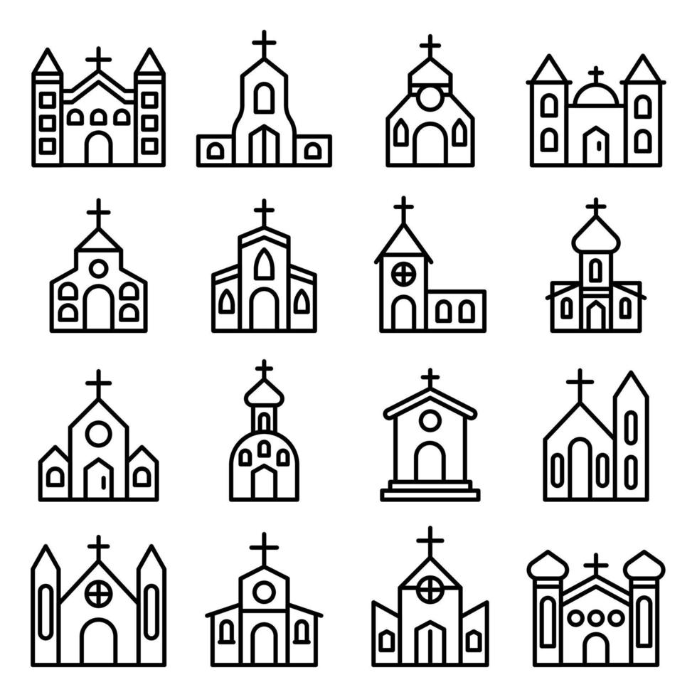 Church icons set, outline style vector