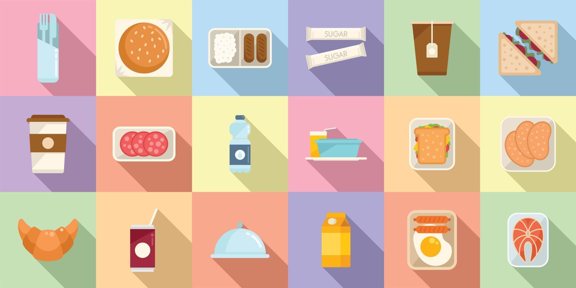 Airline food icons set flat vector. Inflight meal vector