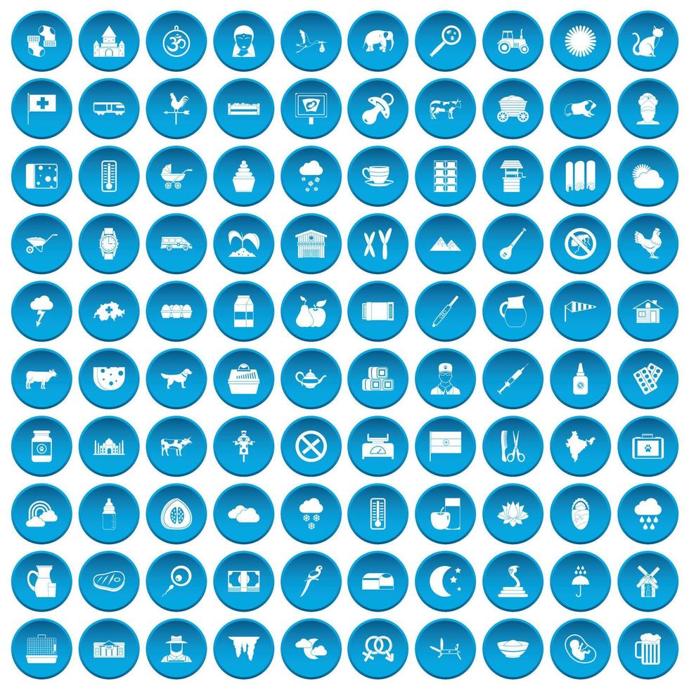 100 cow icons set blue vector