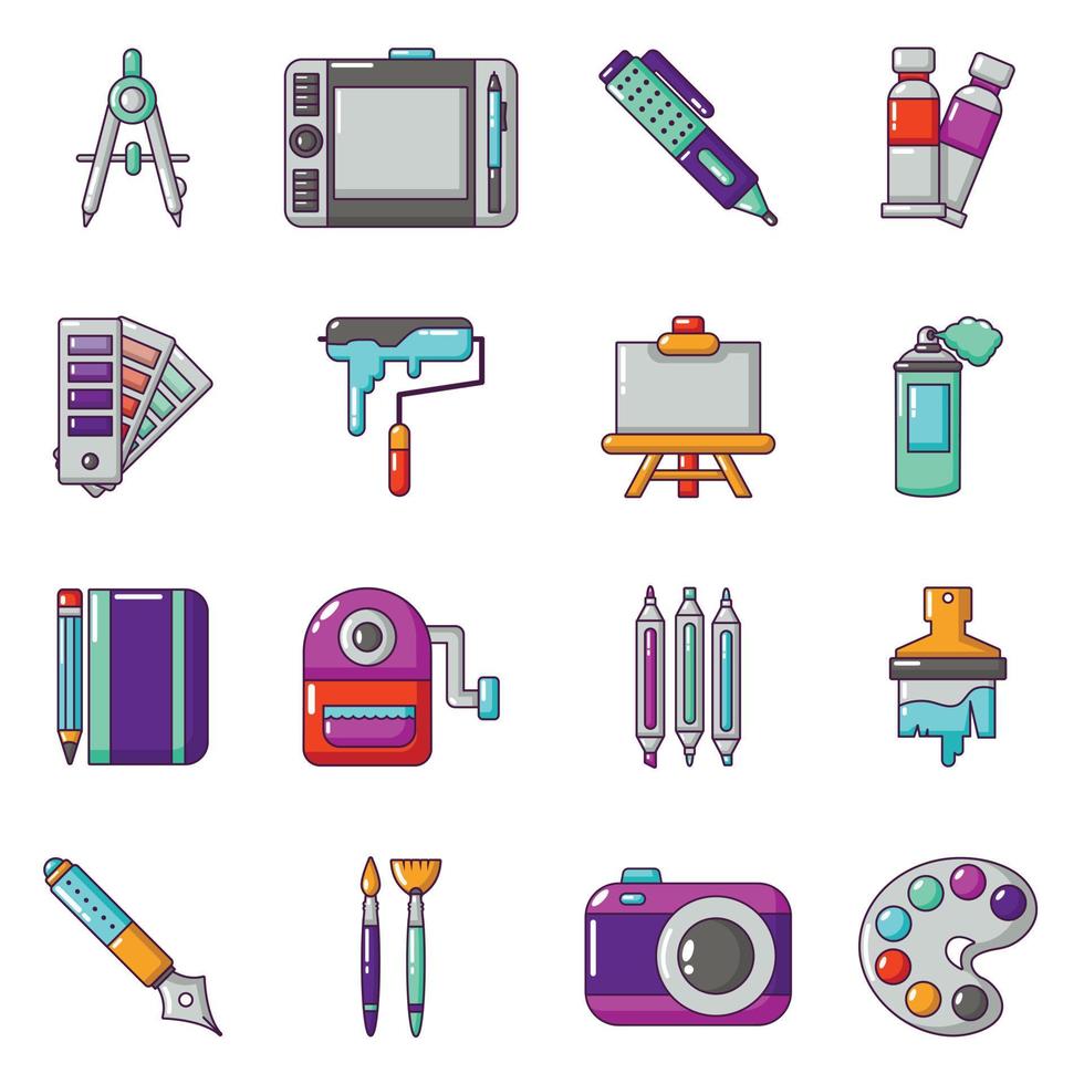 Design and drawing tools icons set, cartoon style vector