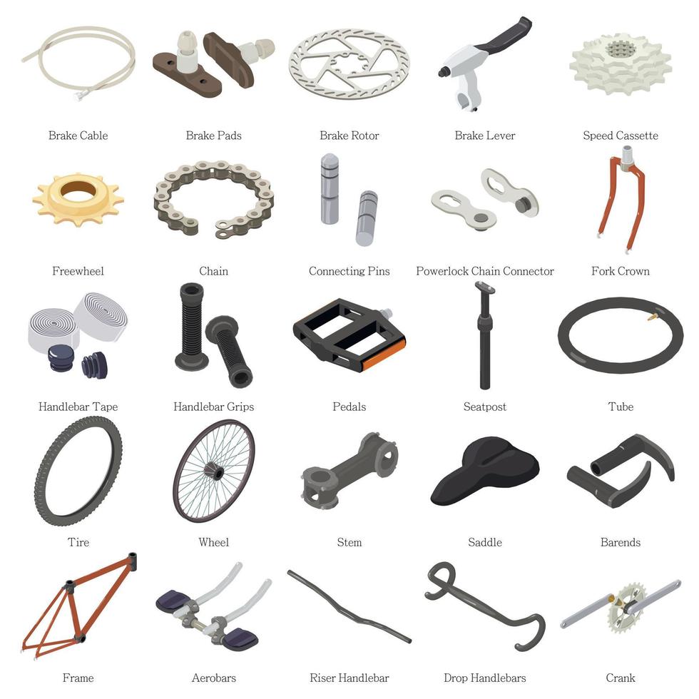 conjunto de iconos de piezas de bicicleta, estilo isométrico vector