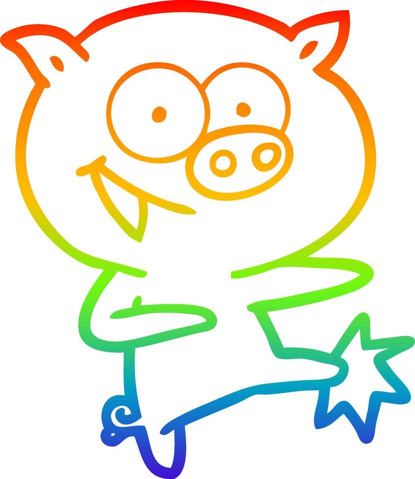 rainbow gradient line drawing cheerful dancing pig cartoon vector