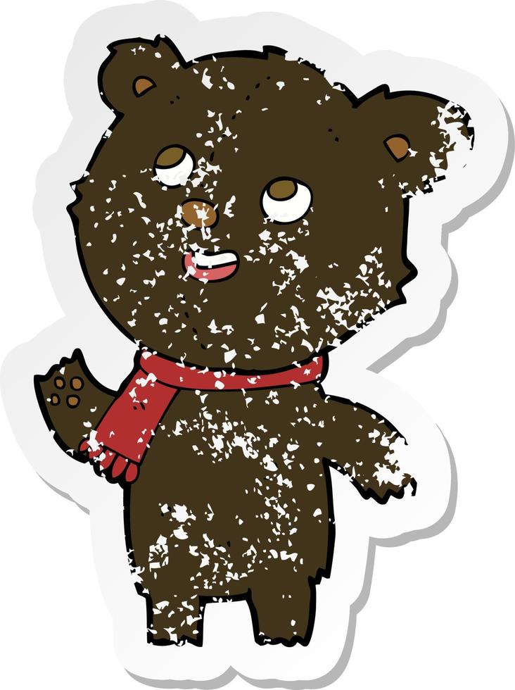 pegatina retro angustiada de un oso negro de dibujos animados con bufanda vector