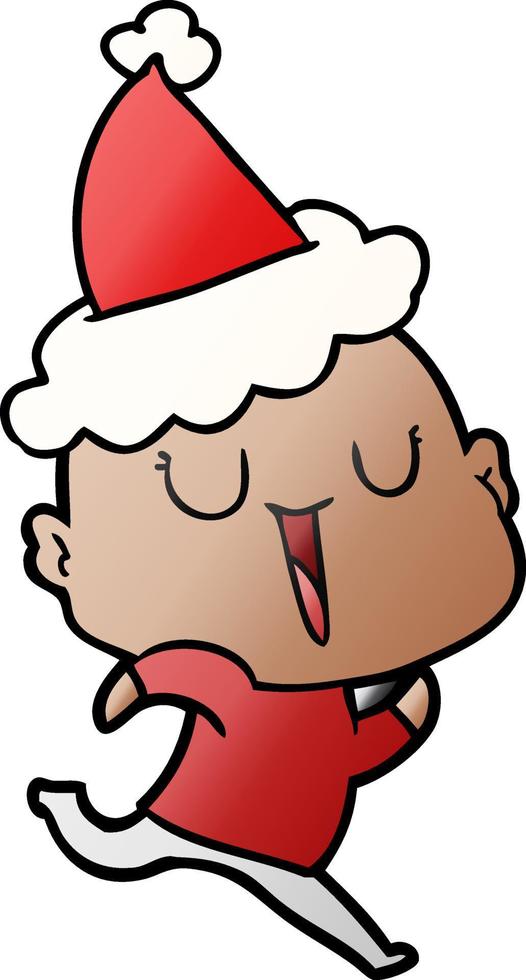 happy gradient cartoon of a bald man wearing santa hat vector