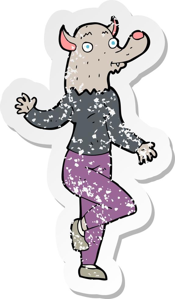 retro distressed sticker of a cartoon dancing werewolf woman vector