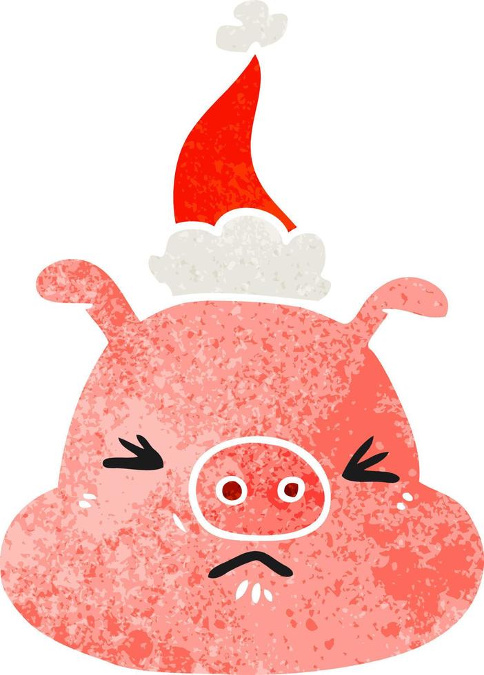 retro cartoon of a angry pig face wearing santa hat vector
