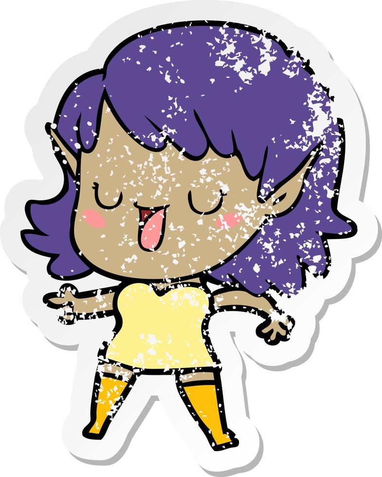 distressed sticker of a cartoon elf girl vector