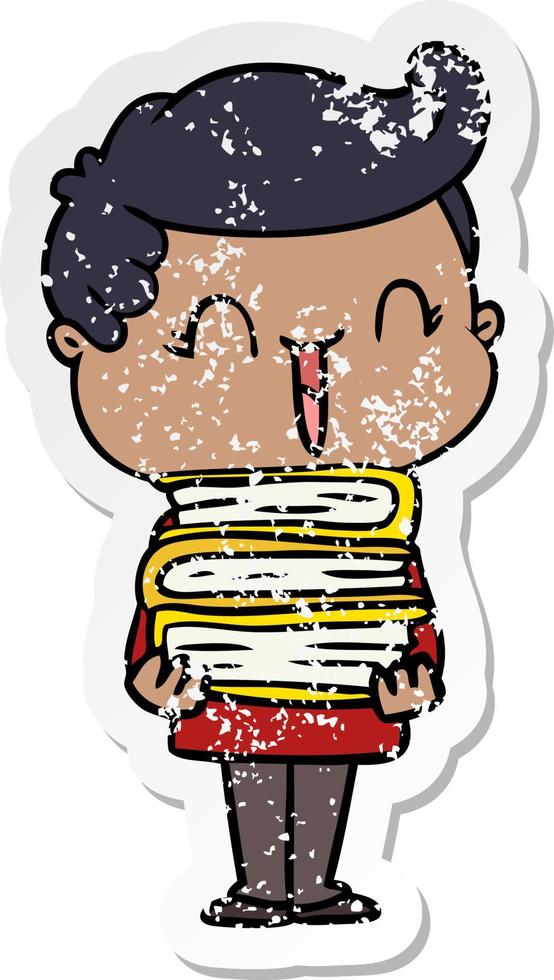 distressed sticker of a cartoon laughing boy carrying books vector