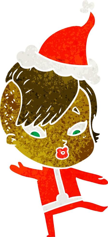 retro cartoon of a surprised girl in science fiction clothes wearing santa hat vector