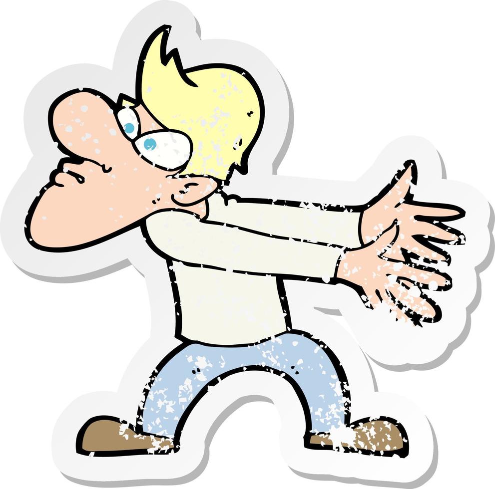 retro distressed sticker of a cartoon annoyed man gesturing vector