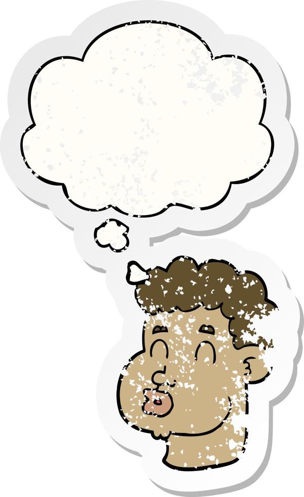 cartoon male face and thought bubble as a distressed worn sticker vector