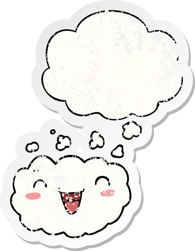 happy cartoon cloud and thought bubble as a distressed worn sticker vector