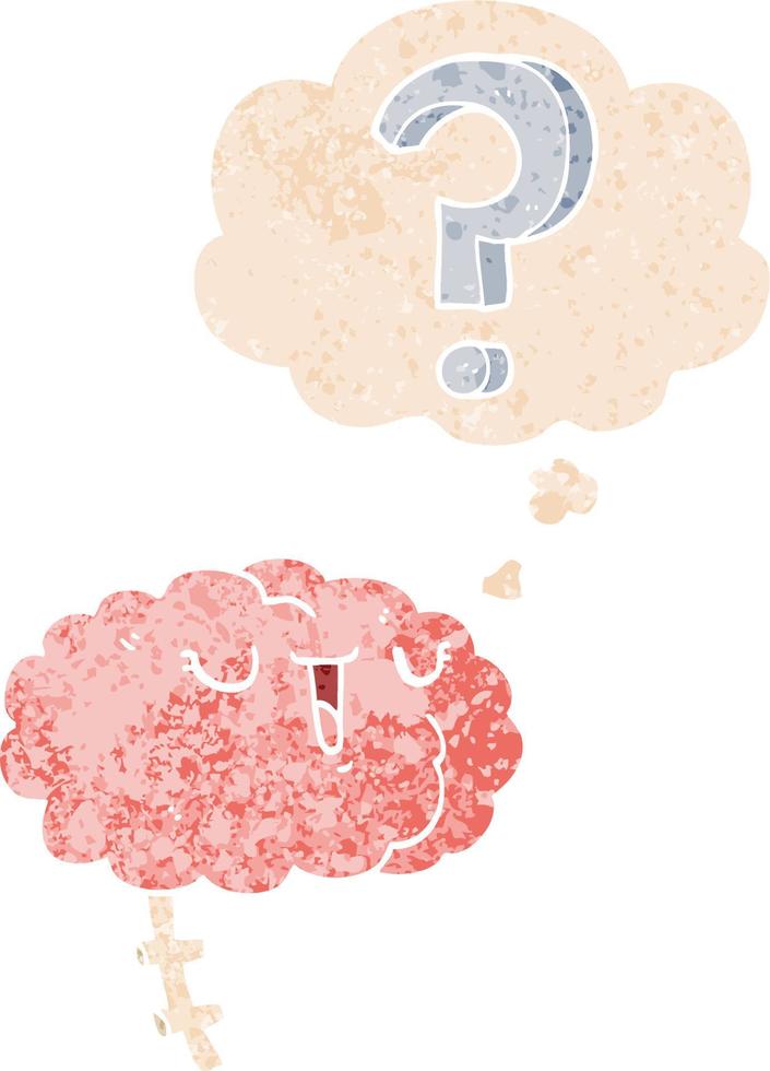 cartoon curious brain and thought bubble in retro textured style vector