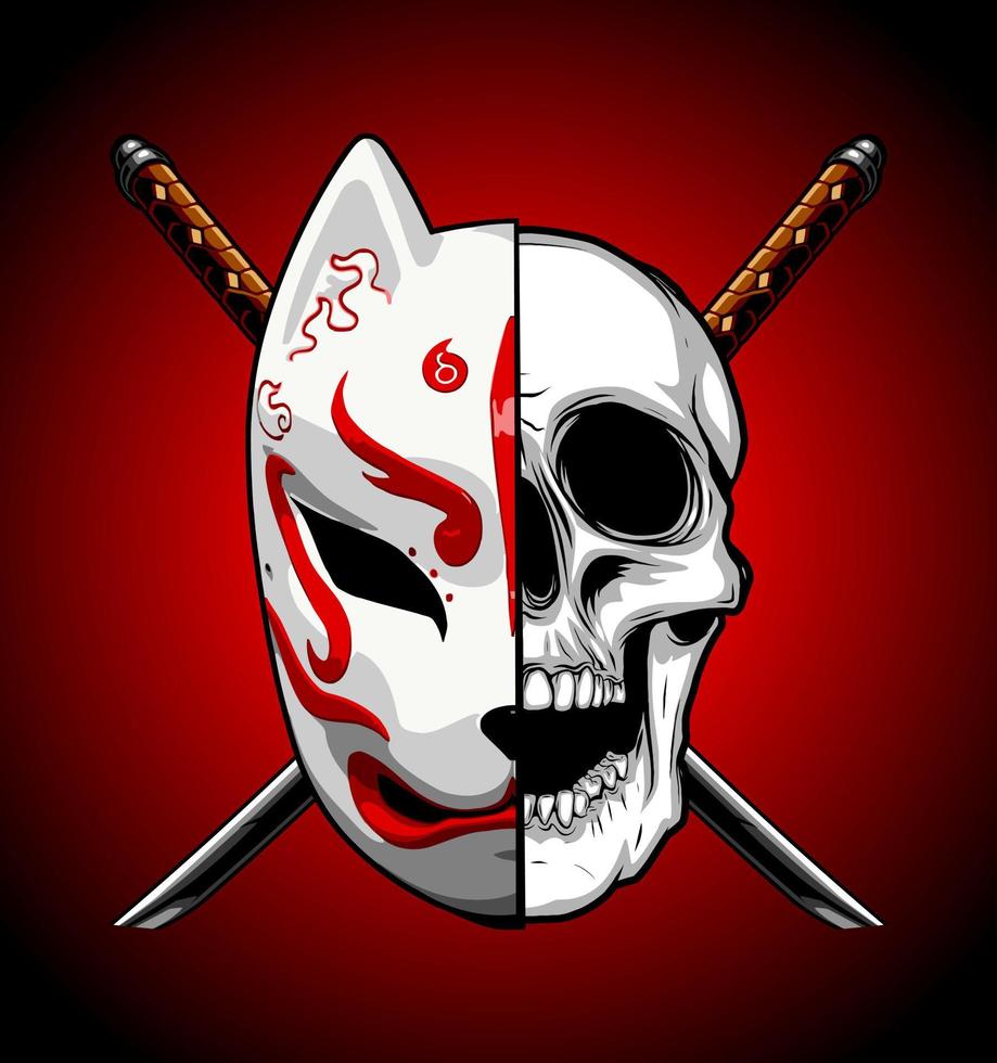 cat and skull japanese mask vector