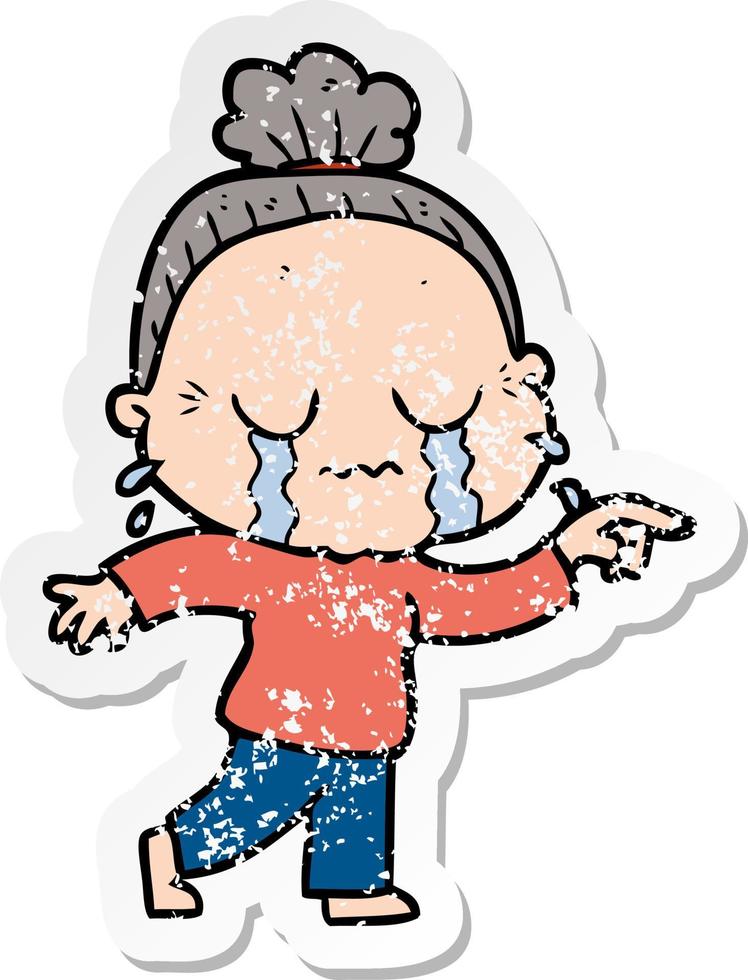 distressed sticker of a cartoon crying old lady vector