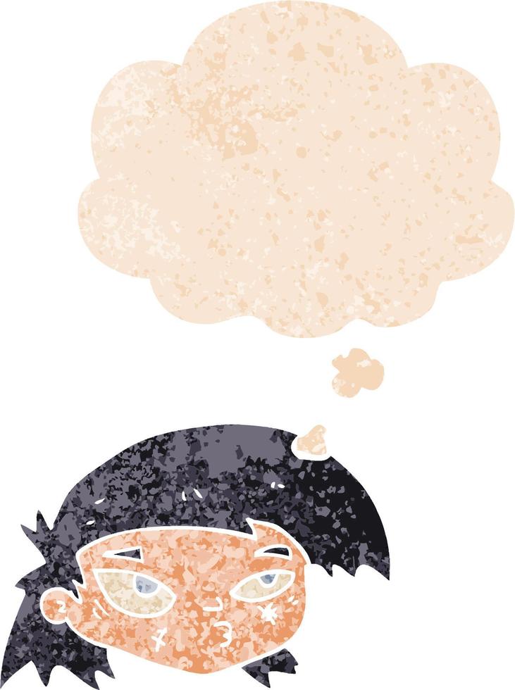 cartoon scratched up face and thought bubble in retro textured style vector