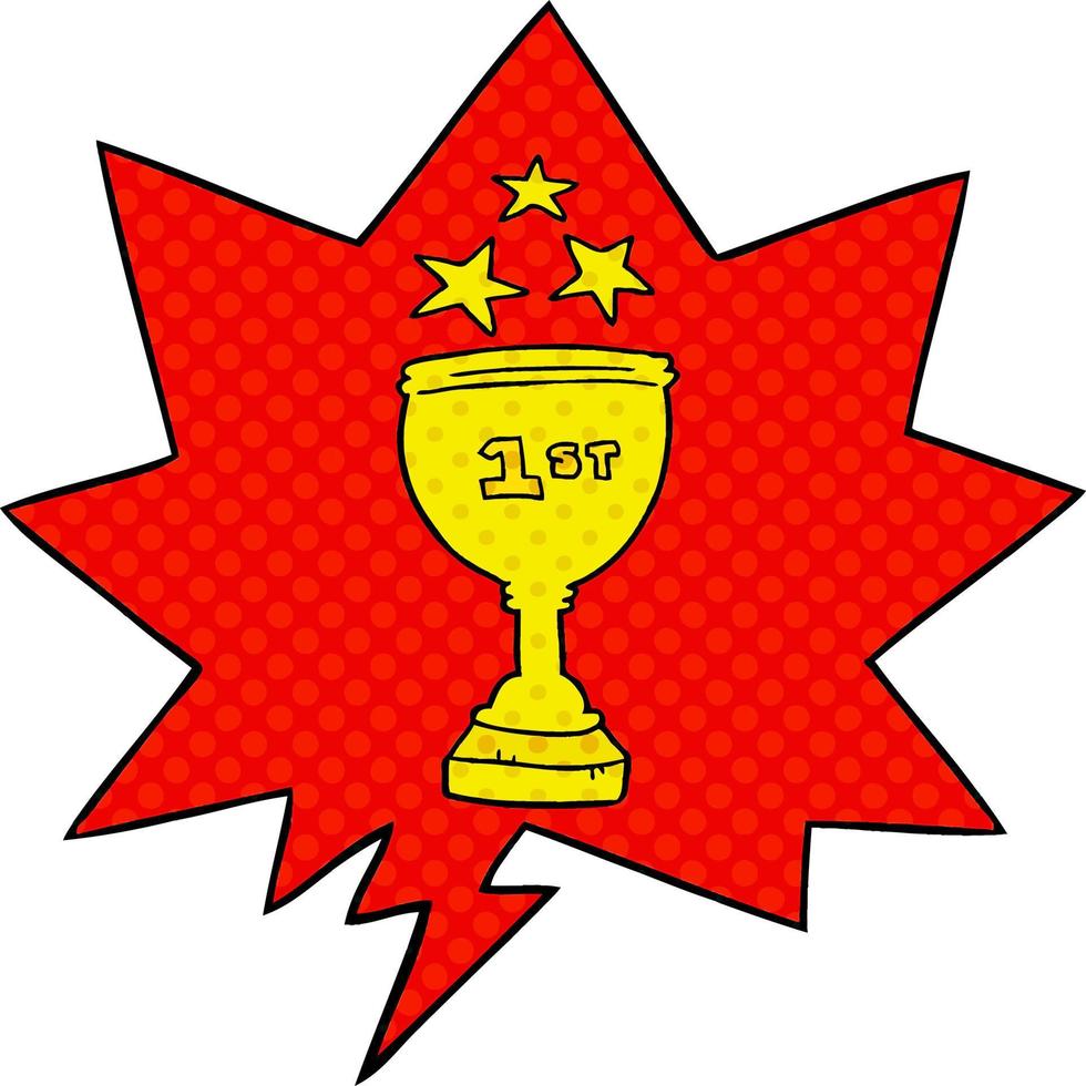 cartoon sports trophy and speech bubble in comic book style vector