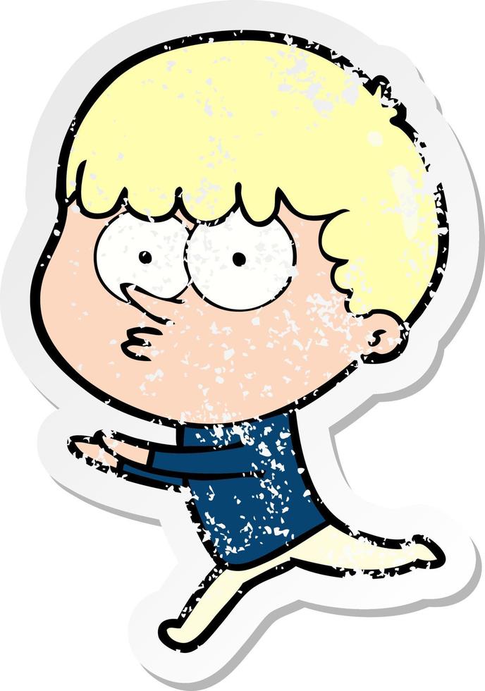 distressed sticker of a cartoon curious boy running vector