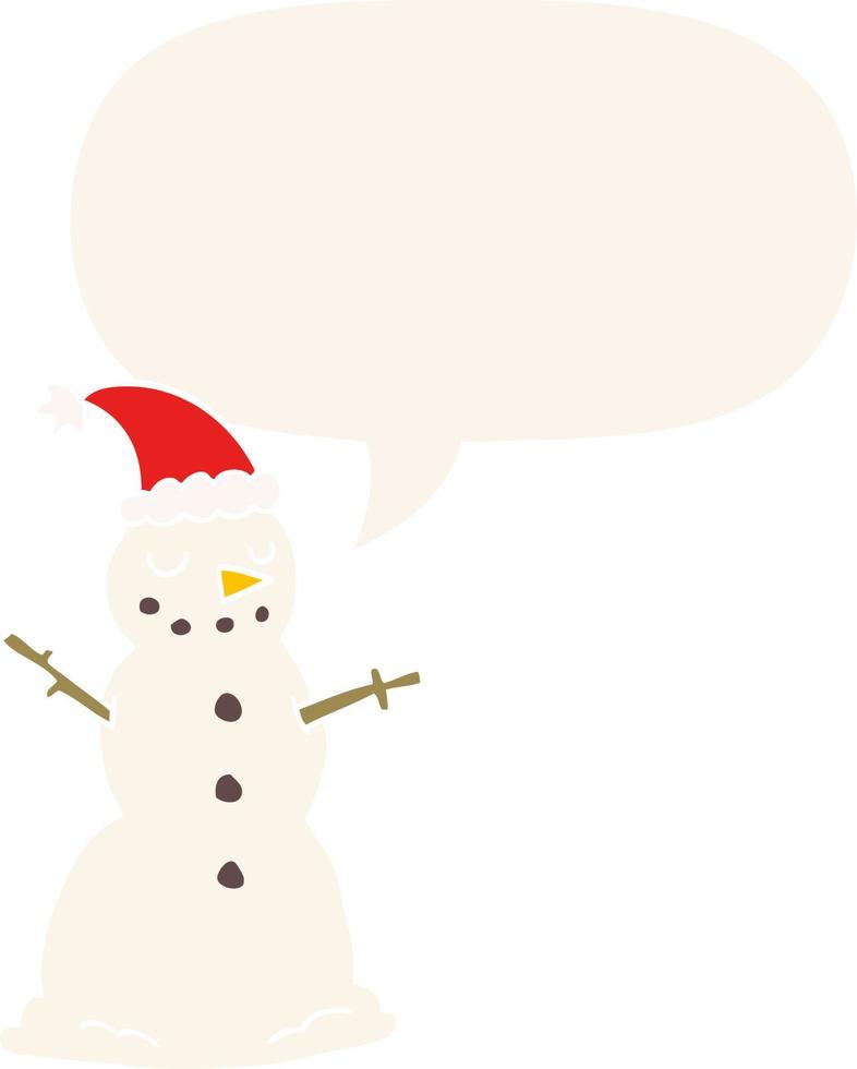 cartoon christmas snowman and speech bubble in retro style vector