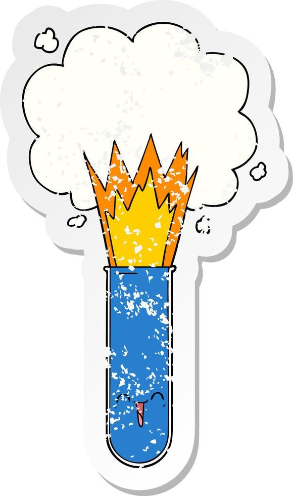 distressed sticker of a cartoon exploding chemicals in test tube vector