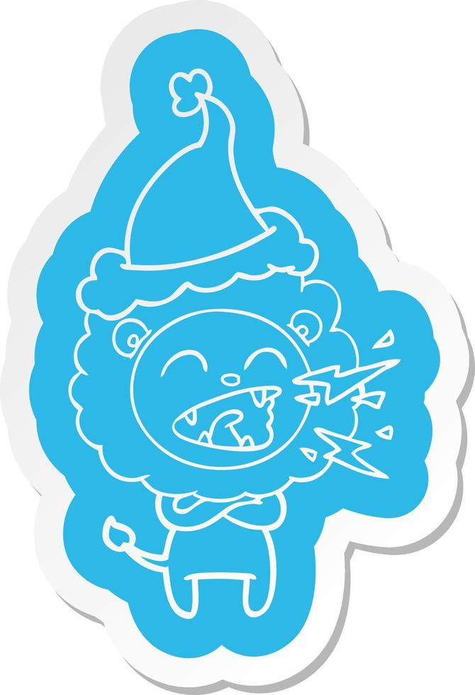 cartoon  sticker of a roaring lion wearing santa hat vector