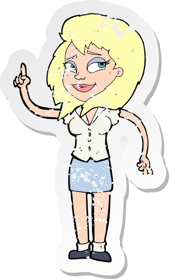 retro distressed sticker of a cartoon pretty woman with idea vector