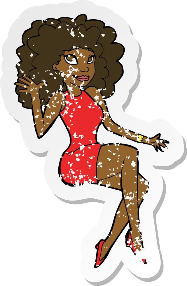 retro distressed sticker of a cartoon sitting woman waving vector