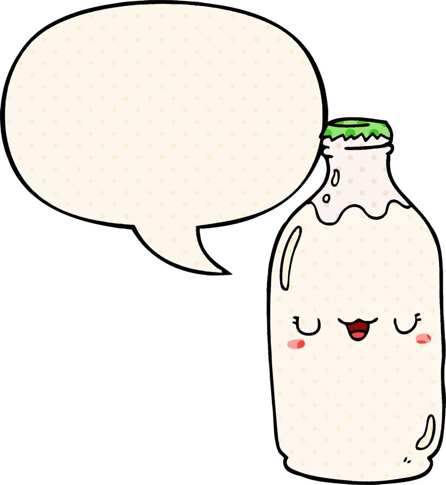 linda botella de leche de dibujos animados y burbuja de habla al estilo de un libro de historietas vector