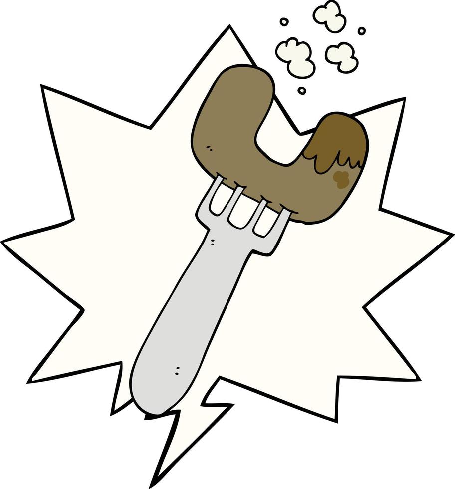 cartoon sausage on fork and speech bubble vector