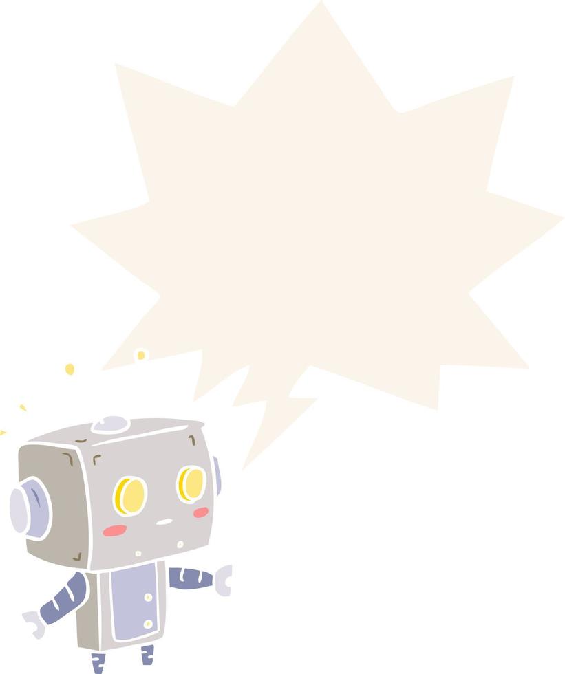 Cute dibujos animados sorprendido robot y bocadillo de diálogo en estilo retro vector