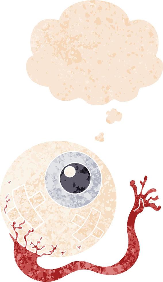 cartoon injured eyeball and thought bubble in retro textured style vector