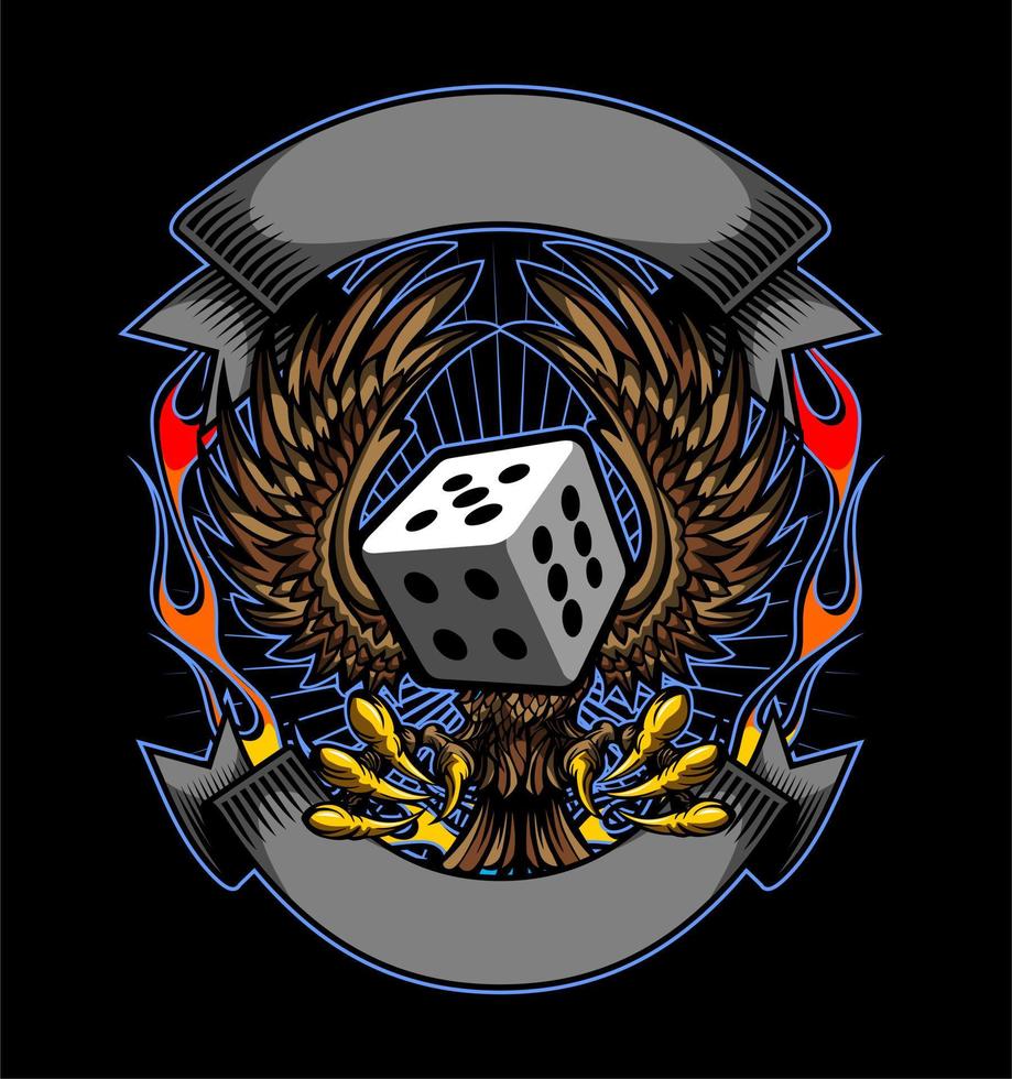 winged dice on fire and ribbon vector
