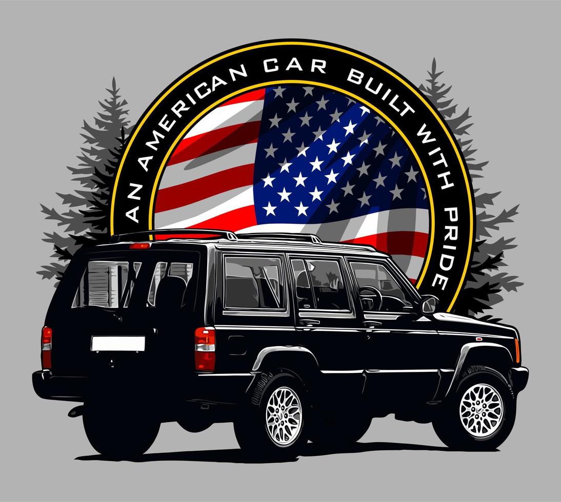 black suv and american flag vector