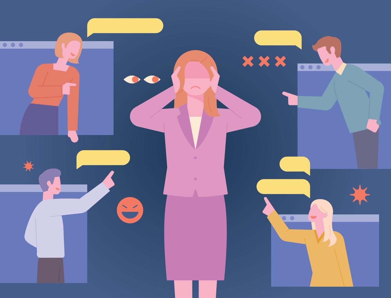 A woman is covering her ears. In online chat window people are pointing at her and laughing. vector