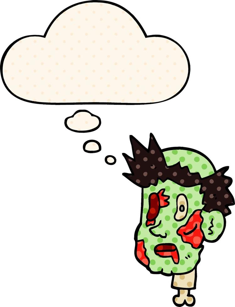 cabeza de zombi de dibujos animados y burbuja de pensamiento al estilo de las historietas vector