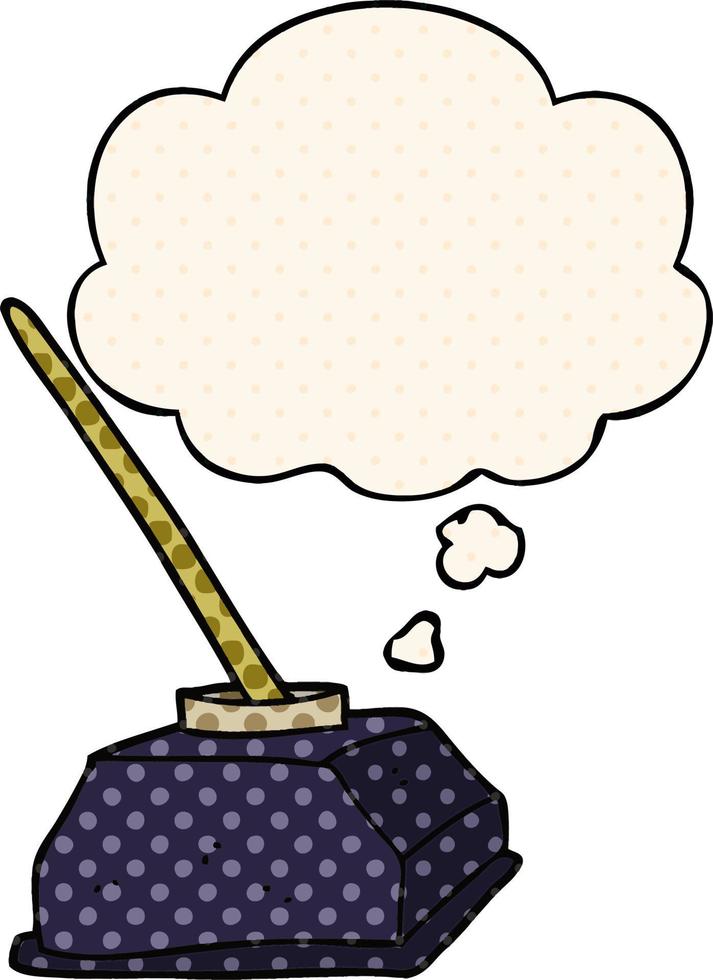 cartoon old ink pot and pen and thought bubble in comic book style vector