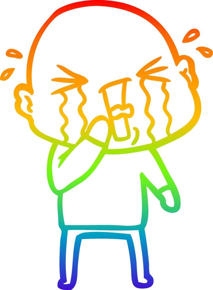 rainbow gradient line drawing cartoon crying bald man vector