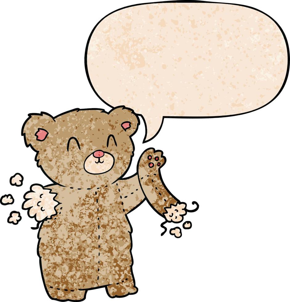 cartoon teddy bear and torn arm and speech bubble in retro texture style vector